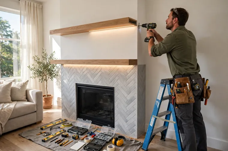 Handyman installing floating shelves with LED lighting on a tiled fireplace wall